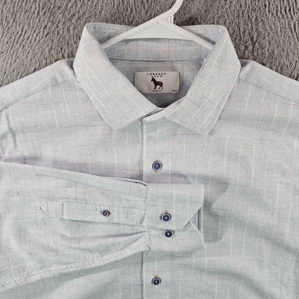 Lorenzo Uomo Mens Trim Fit Dress Shirt Blue Orange Check 16.5 34/35 Stretch